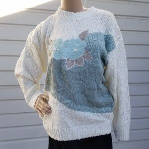 Vtg Embroidered Knitted Pearl Floral Cream & Blue Sweater-Video